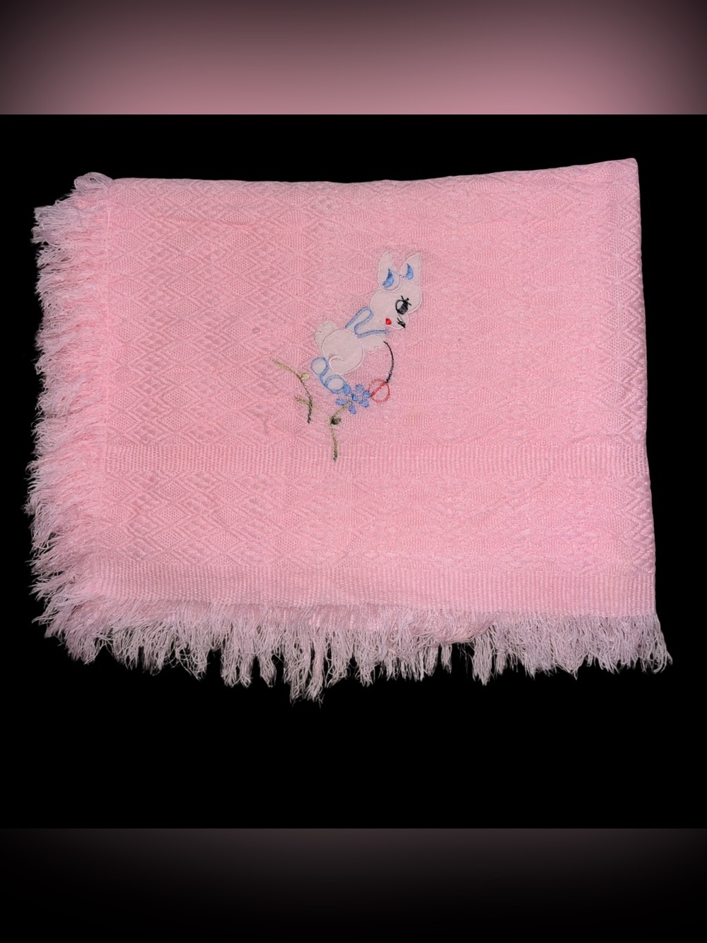 vintage pink acrylic fringed knit baby blanket embroided bunny With Flower
